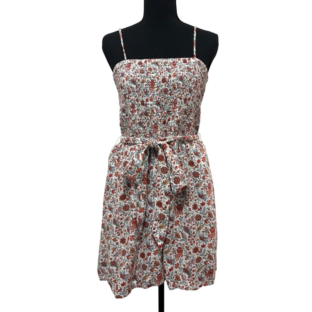 LOFT Outlet Linen Blend Floral Romper Women L Smocked Tie Waist